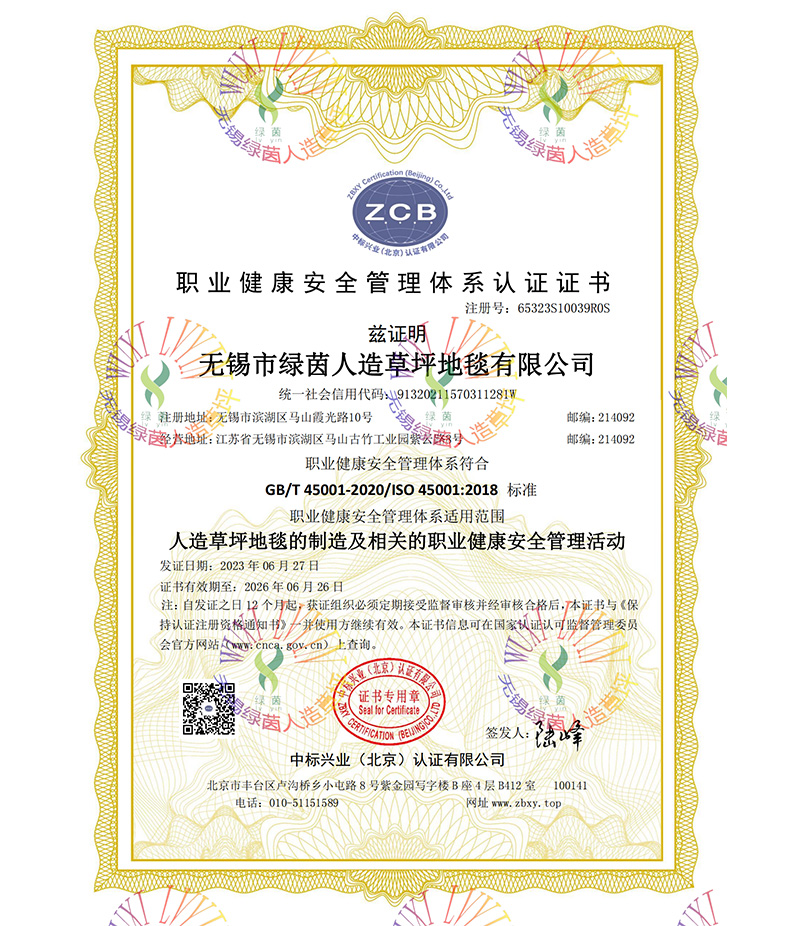 ISO職業(yè)健康管理體系認證證書